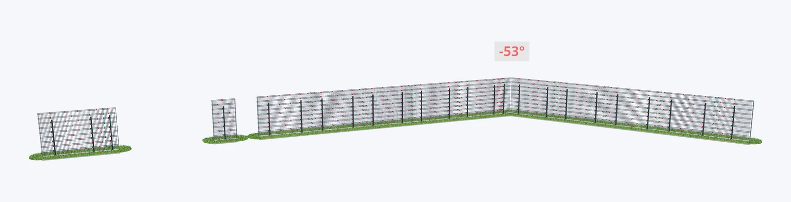 3D výkres: gabionový plot so zlomom 53° a otvormi na bránu a bránku