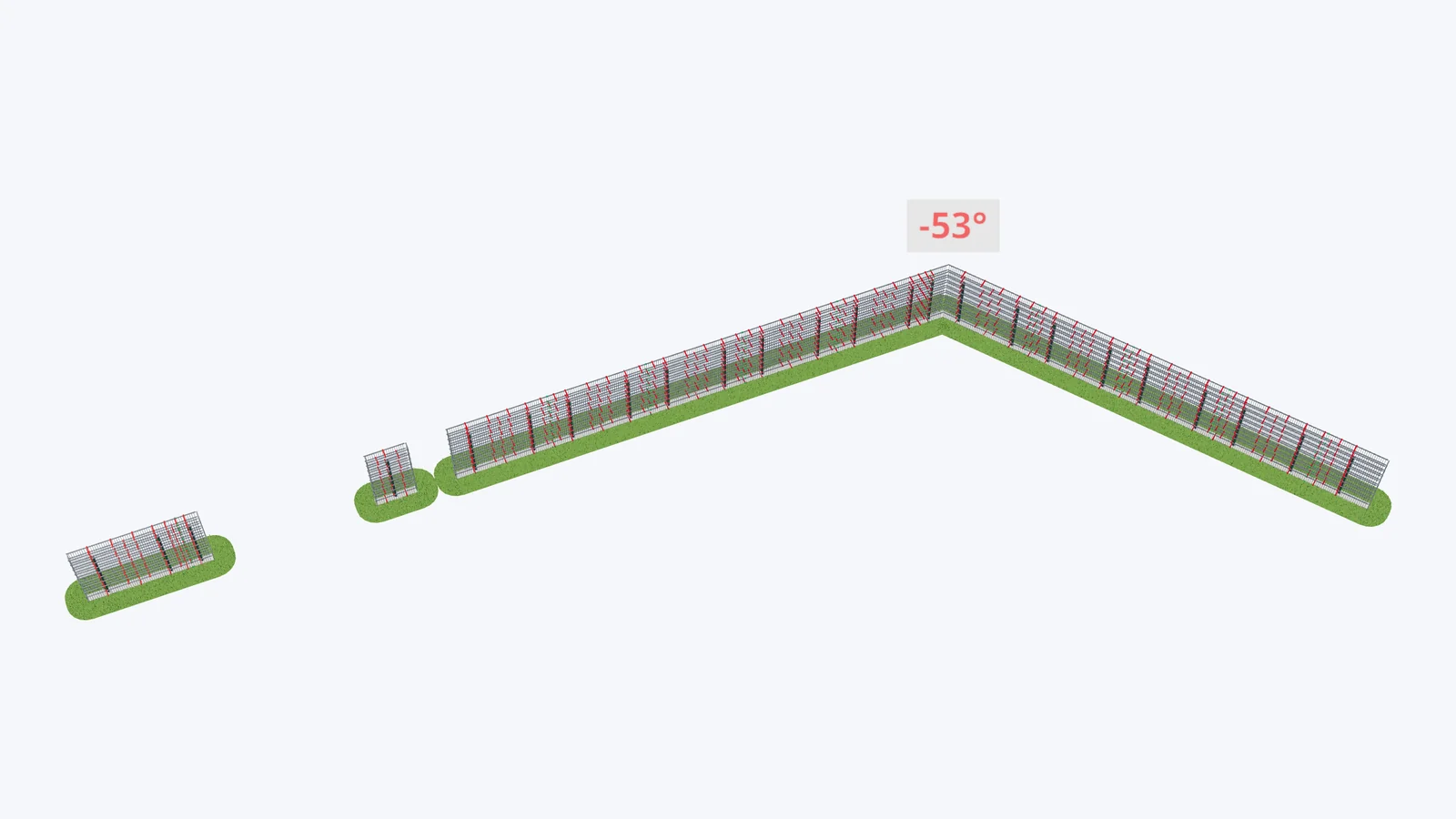 3D výkres: gabionový plot so zlomom 53°, otvorom na bránu a bránku