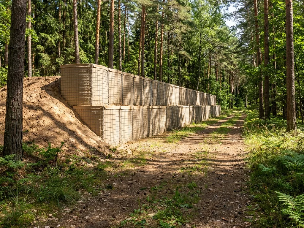 Vizualizácia: dvojvrstvová bariéra z gabionových košov DEFENCE vyplnených pieskom pri lesnej ceste