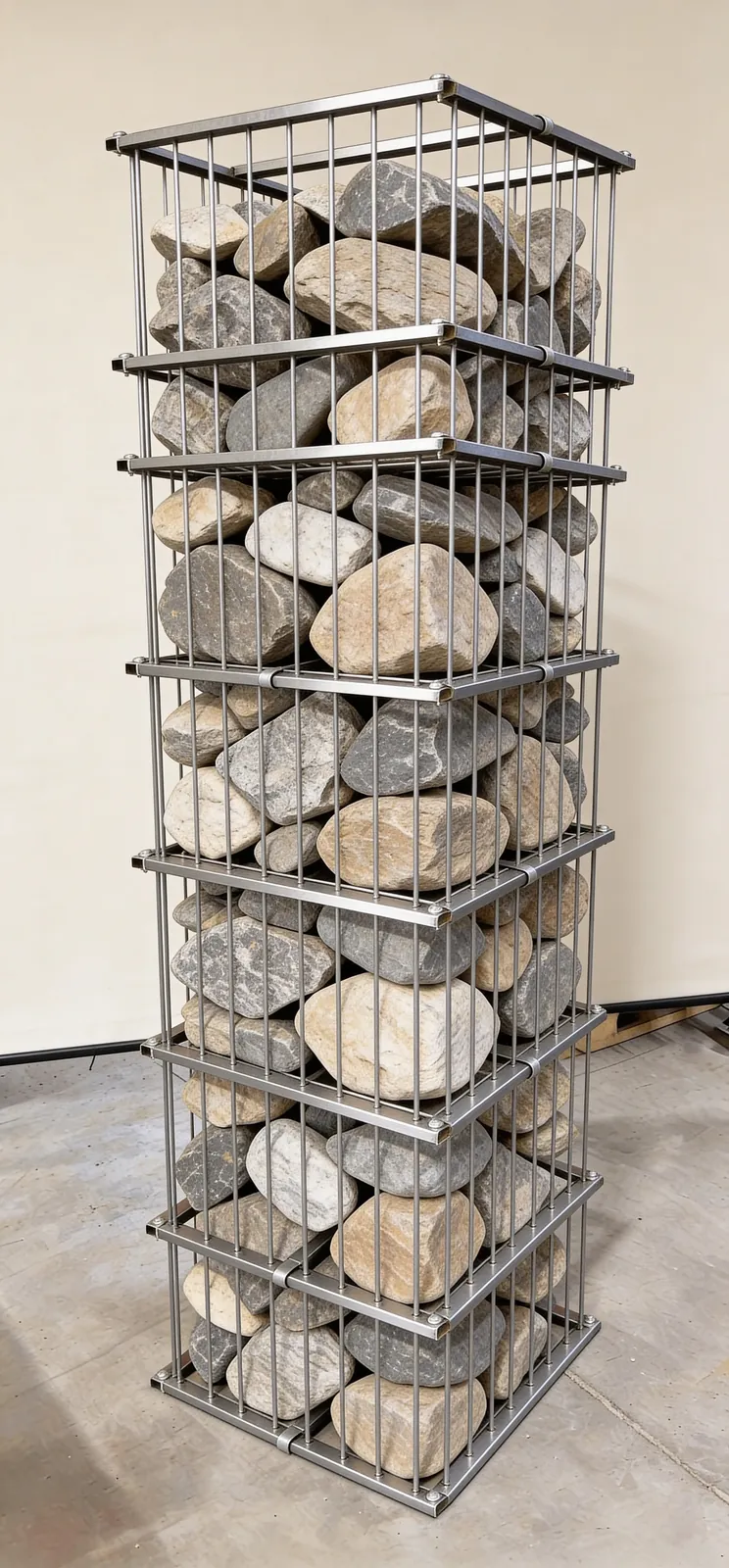 Vysoký gabionový kôš s okruhliakmi na svetlom pozadí