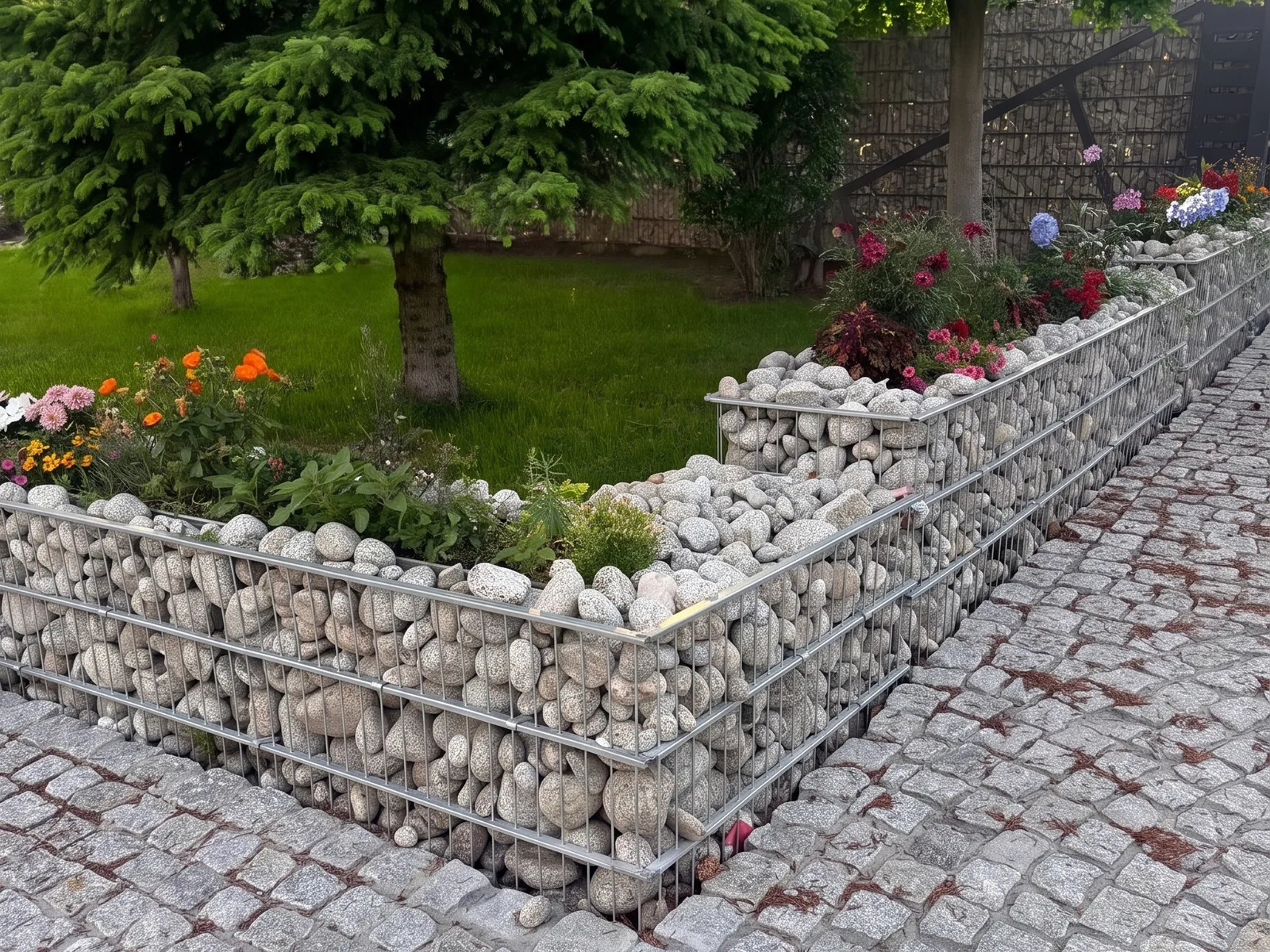 Rohový gabionový múrik s okruhliakmi oddeľujúci záhon od žulovej dlažby
