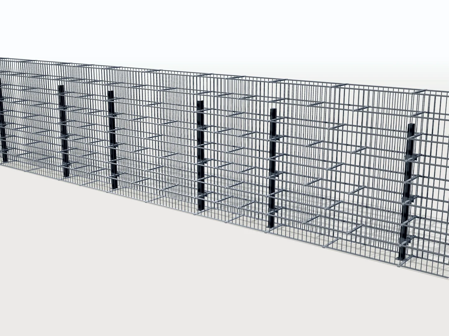 3D vizualizácia gabionového plotu HD-Gabion pred vyplnením kameňom – panely a stĺpiky