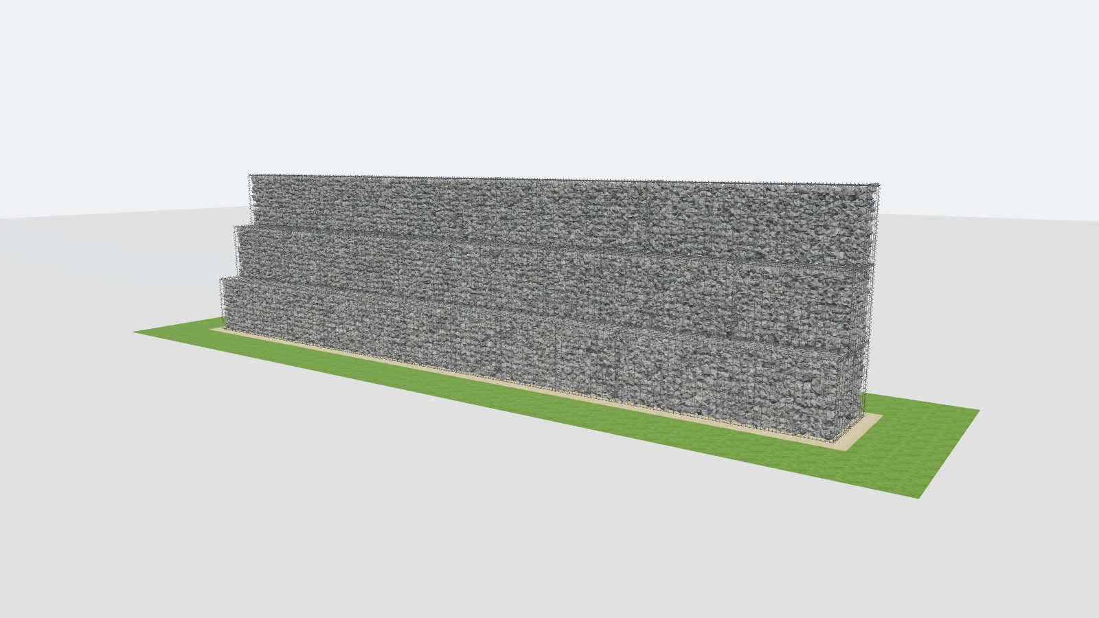 3D výkres z nášho programu: stupňovitý oporný múr z troch vrstiev gabionových košov